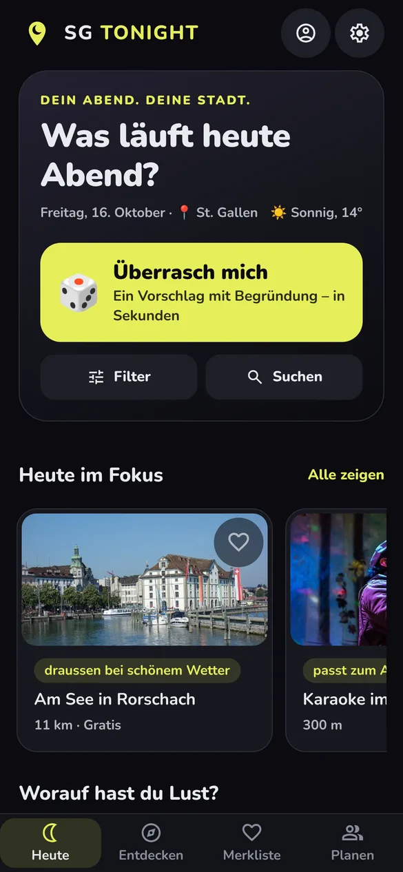 App-Ansicht «Heute»: Begrüssung, Wetter, Knopf «Überrasch mich» und Tipps für heute
